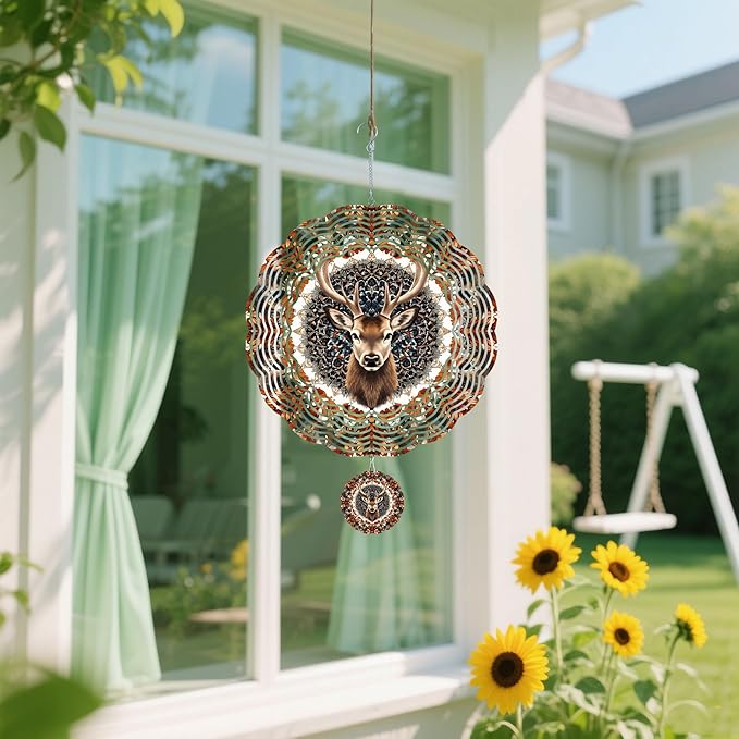 Wind Spinners Outdoor, Brown Retro Elk Deer 3D Stainless Steel Wind Sculpture Spinner for Garden Outside Hanging Decor Mother's Day Christmas Birthday Gifts for Women Men Mom Nana 13.7 in