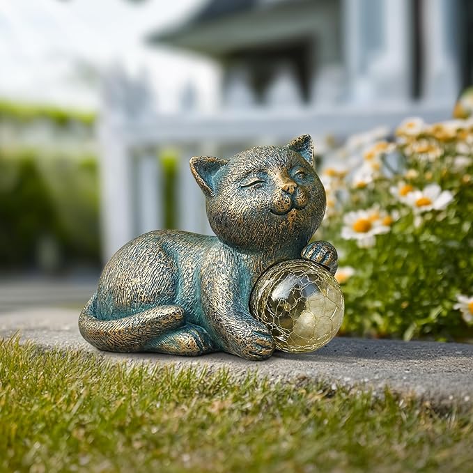 MININOVA Solar Garden Cat Statue with LED Light Ball Cat Figurine Outdoor Decor in Yard, Patio, Balcony, Perfect Housewarming, Birthday, for Women, Mom, Grandma