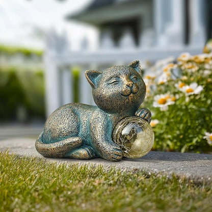 MININOVA Solar Garden Cat Statue with LED Light Ball Cat Figurine Outdoor Decor in Yard, Patio, Balcony, Perfect Housewarming, Birthday, for Women, Mom, Grandma
