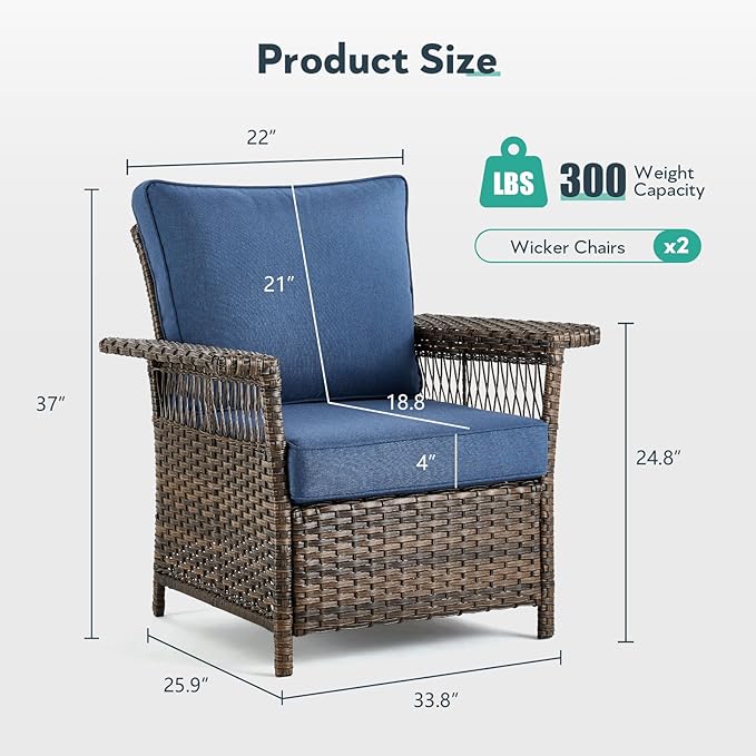 Wicker Outdoor Chairs Set of 2 - Hollow Widen Armrests Patio Furniture Set with Comfortable Thickened Cushion, High Back Outdoor Rattan Chairs for Balcony Porch Deck and Yard - Brown/Blue