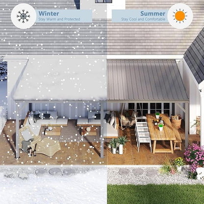 Domi 12’x20’ Wall-Mounted Hardtop Gazebo Pergola – Permanent Lean-to Outdoor Shelter with Sloped Galvanized Steel Roof & Upgraded Drainage – Gray Metal Patio Cover for Backyard, Deck, Garden