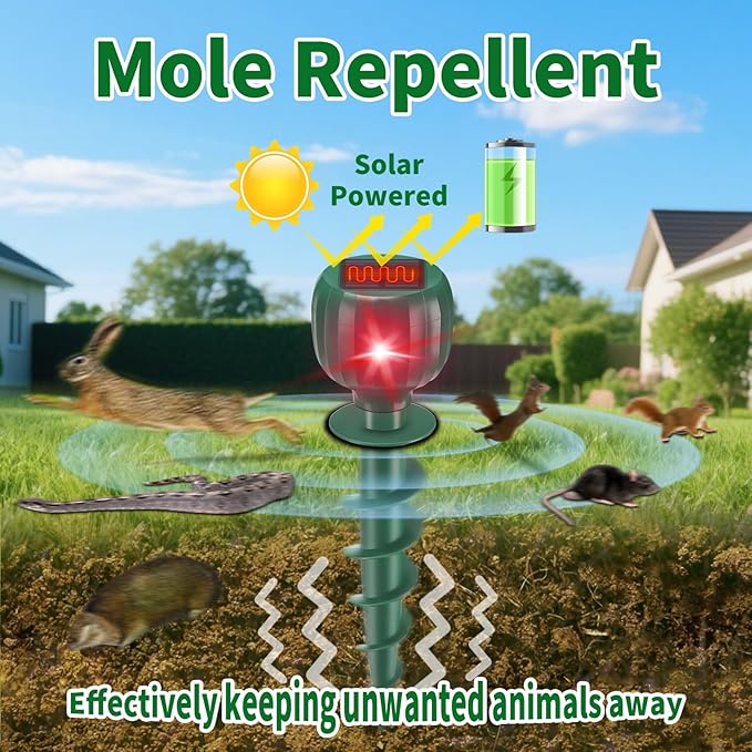 8 Pack Solar Powered Mole Repellent for Lawns, Waterproof Gopher Repellent Outdoor Get Rid of Snake Voles Ground Squirrels in Garden, Yard, Lawn