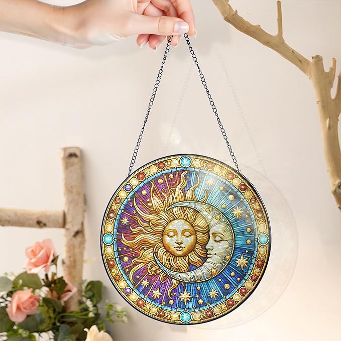 FLAGWIX Christmas Spiritual Gifts for Women Men - Stained Glass Window Hanging 10 in for Sun and Moon Decor - Sun Catchers Indoor Window, Boho Suncatchers for Celestial Decor, Christmas Decorations