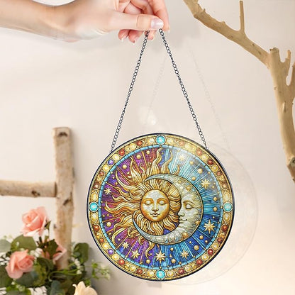 FLAGWIX Christmas Spiritual Gifts for Women Men - Stained Glass Window Hanging 8 in for Sun and Moon Decor - Sun Catchers Indoor Window, Boho Suncatchers for Celestial Decor, Christmas Decorations