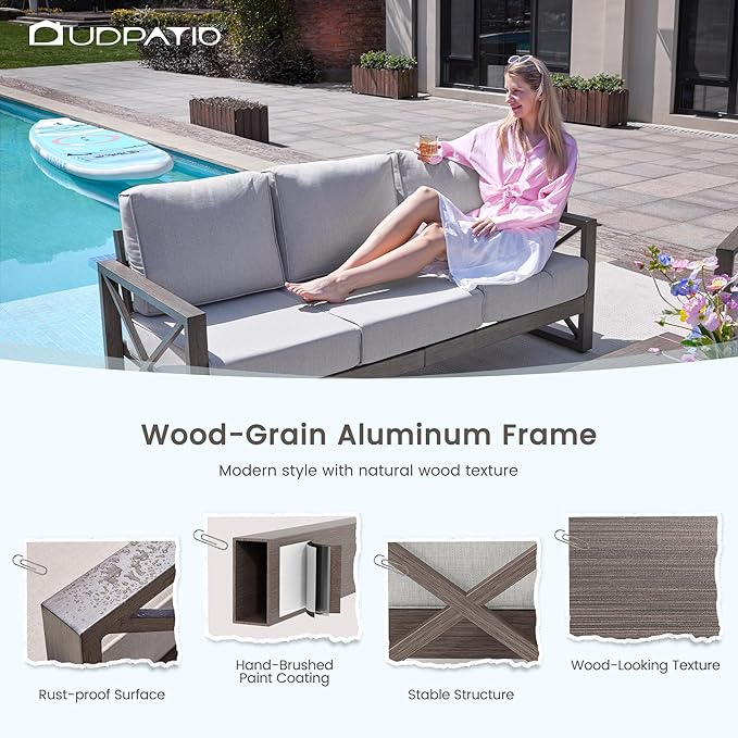 UDPATIO 6 Piece Aluminum Patio Furniture Set 7 Seats Modern Outdoor Furniture Faux Wood Grain Patio Conversation Sets with Olefin Fabric Thick Cushions, 600D Waterproof Cover Included, Light Grey