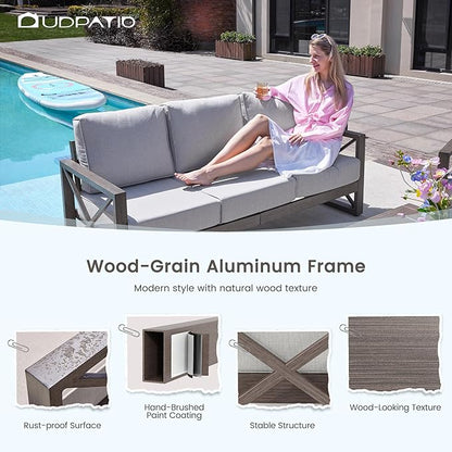 UDPATIO 6 Piece Aluminum Patio Furniture Set 7 Seats Modern Outdoor Furniture Faux Wood Grain Patio Conversation Sets with Olefin Fabric Thick Cushions, 600D Waterproof Cover Included, Light Grey