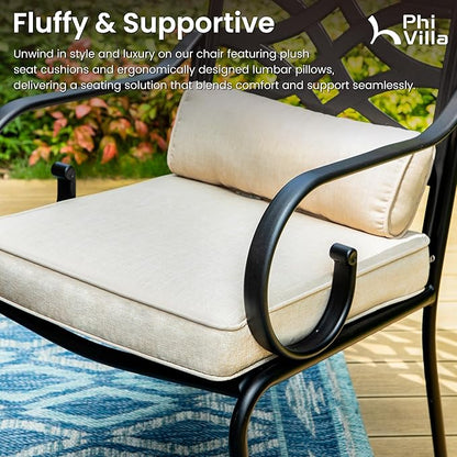PHI VILLA Outdoor Patio Dining Set for 4 with 10ft 3-Layer Auto-tilt Round Umbrella(Beige),Includes 4 Outdoor Swivel Chairs with Cushions and a Metal Square Table, Perfect for Garden, Lawn, or Deck