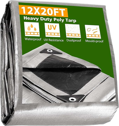 Yescom 12x20 Ft 14 Mil Heavy Duty Reinforced Poly Tarp Reversible Waterproof Tarpaulin Ground Sheet Cover Reversible Silver Black Tarps