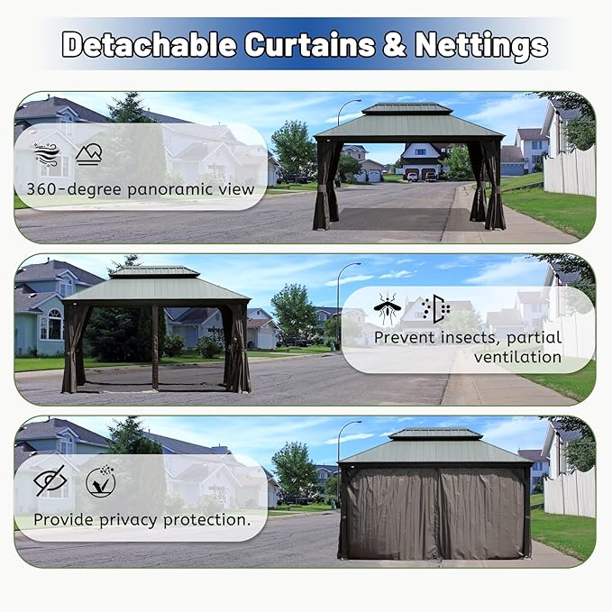 Outdoor Hardtop Gazebo for Patio 12x16FT with Resin-Galvanized Steel Roof, Metal Hard Top Gazebo with Gutters, Heavy Duty Gazebos All Season with Curtains & Netting, for Deck, Backyard, Hot Tub