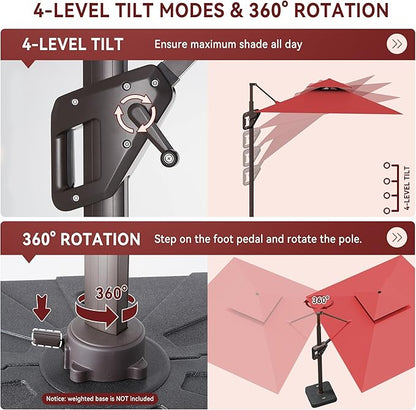 10 X 13 FT Cantilever Outdoor Patio Umbrella with Led Lights Large Heavy Duty 360° Rotation Double Top Offset Rectangular Umbrellas for Backyard Garden Pool Outside Deck, Red