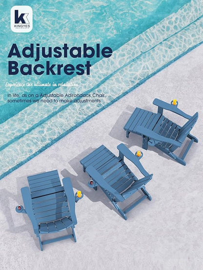 KINGYES Folding Adjustable Adirondack Chairs with Ottoman & 2 Cup Holders Set of 2, HDEP Multifunctional Adirondack Chair with Footrest, Blue