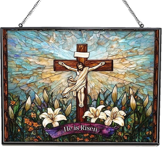 Personalized Rectangle He is Risen Suncatchers for Windows, Stained Glass Window Hangings,Hand-Painted Glass Panel Perfect for Home Décor
