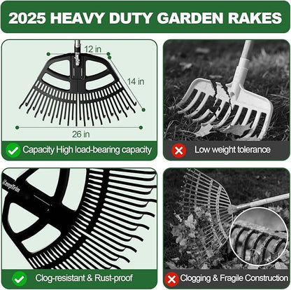 Adjustable Leaf Rake 30-65 Inch – 30 Tines Garden Rakes with Non-Slip Handle&Quick-Detach Head Lightweight Yard Rake for Wet Leaves, Pine Needles, Gravel
