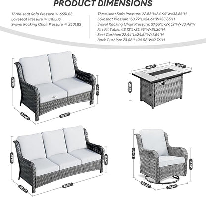 HOOOWOOO Patio Outdoor Furniture with Large Fire Pit Table,High Back 6 Piece Wicker Patio Conversation Set with Swivel Chairs,7 Person Couch Sofa Seating,Light Gray