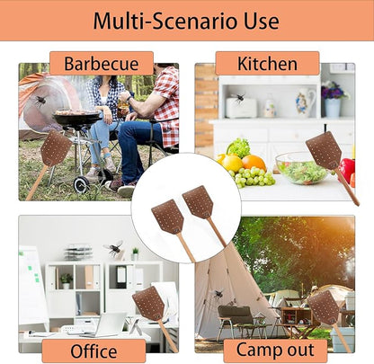 Fly Swatter Set - 2 Pack Wooden Leather Fly Swatter with Hanging Rope, Heavy Duty Fly Swatter for Indoors and Outdoors (2 Brown)