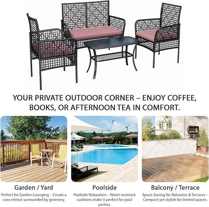 4-Piece Patio Furniture Set, Weather-Resistant Rattan Patio Conversation Set with Two-Tier Coffee Table, Upholstered Openwork Wicker Furniture for Porch, Garden, Lawn, Red