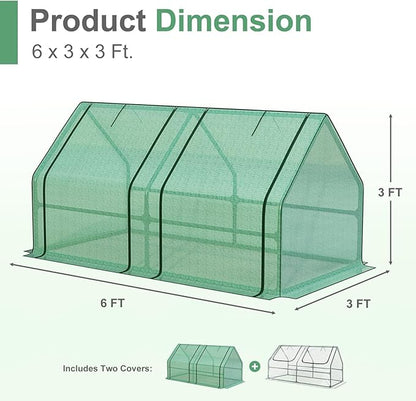 Aoodor 6 x 3 x 3 ft Mini Greenhouse with 2 Zipper Doors, Water-Resistant, UV-Protected for Flowers, Vegetables, and Herbs, Includes 2 Covers