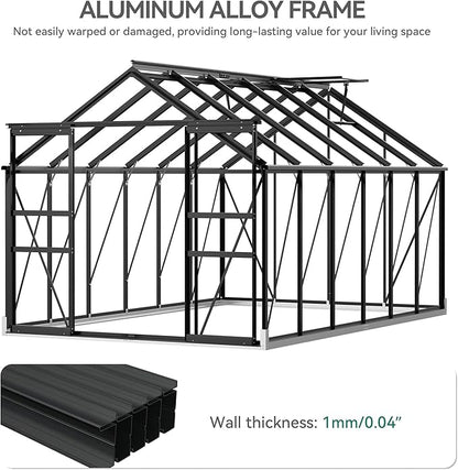 YITAHOME 12x8FT Polycarbonate Greenhouse Large Heavy Duty Green Houses Outdoor Aluminum Greenhouses with Sliding Doors Vent Window Walk-in Greenhouse for Garden Backyard, Black