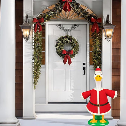 Christmas Porch Goose Outfits for 23" Lawn Statue, 2 Pcs Goose Costume with Santa Hat & Clothes for Concrete/Plastic/Cement Goose, Weather-Resistant Holiday Decor for Yard/Garden