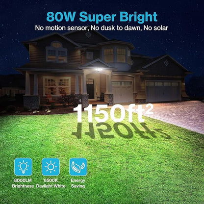 Olafus 80W Flood Lights Outdoor, Switch Controlled 8000LM LED Security Lights, IP65 Waterproof Outside Floodlights, 6500K Exterior Flood Light Fixture Wired for House Yard Porch Eave Black