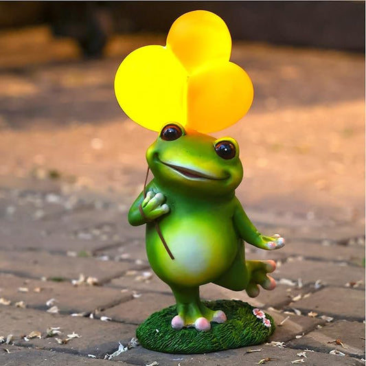 WHIMSYNOOK 11.8" Resin Frog with Balloon Solar LED Garden Statue Light, Ideal for, Porch, Lawn, Yard, Housewarming, or Birthday Gifts for Mom, Family, and Froggy Lovers
