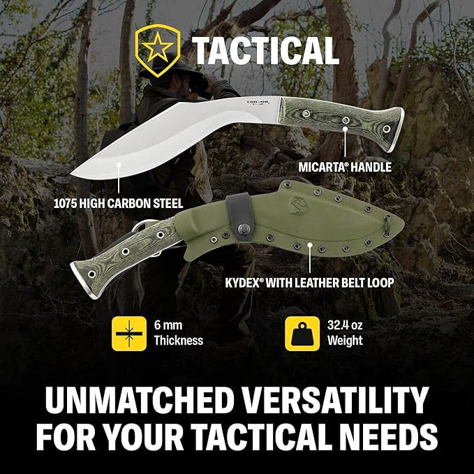 Condor Tool & Knife K-tact Kukri Knife - 1075 High Carbon Steel - Gardening Machete - Micarta Handle - Kydex with Leather Belt Loop Sheath - 6mm Thick - 10in Blade - 32.4oz