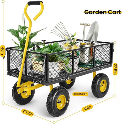 TEANDE Garden Cart, Heavy Duty 880 Lbs Capacity Mesh Steel Garden Cart with Removable Sides to Convert into Flatbed, Utility Metal Wagon with 180° Rotating Handle and 10 in Tires