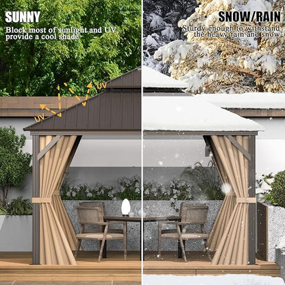 Domi 8’ X 8’ Hardtop Gazebo Canopy with Netting & Curtains, Outdoor Gazebo with Galvanized Steel Double Roof for Patio Lawn and Garden, Brown