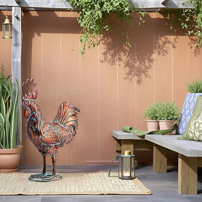 Metal Rooster Statue Garden Yard Decor,15.7"L x 18.8"H Metal Chickens Yard Art, Vintage Outdoor Chicken Rooster Figurine for Backyard Patio Lawn Home Kitchen Decorations, Gift for Chicken Lovers