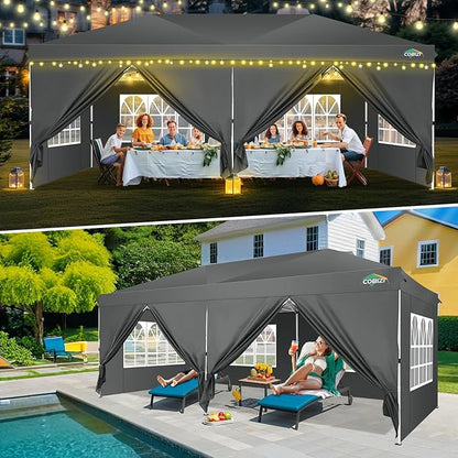 COBIZI 10x20 Pop Up Canopy Tent with 6 Removable Sidewalls,Waterproof & UV 50+ Easy Up Canopy,Commercial Gazebo with Air Vent,4 Sand Bags,4 Stakes & 8 Ropes,Tents for Parties/Camping/Backyard,Gray