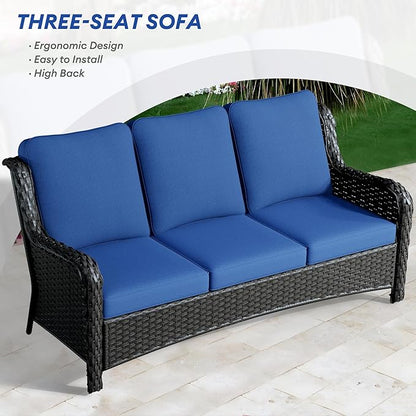 HOOOWOOO Patio Outdoor Furniture with Large Fire Pit Table,High Back 6 Piece Wicker Patio Conversation Set with Swivel Chairs,7 Person Couch Sofa Seating,Navy Blue