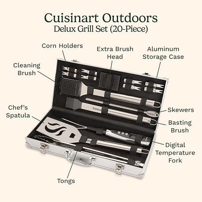 Cuisinart Deluxe Grill Tool Set, 20-Piece BBQ Kit with Aluminum Case and Digital Temperature Fork, Spatula, Tongs, Grill Accessories and Utensils, Grilling Set for Cookout (Pack of 4)