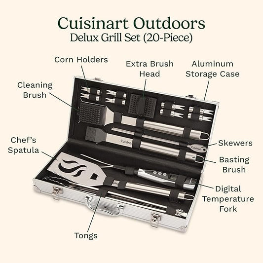 Cuisinart Deluxe Grill Tool Set, 20-Piece BBQ Kit with Aluminum Case and Digital Temperature Fork, Spatula, Tongs, Grill Accessories and Utensils, Grilling Set for Cookout (Pack of 4)