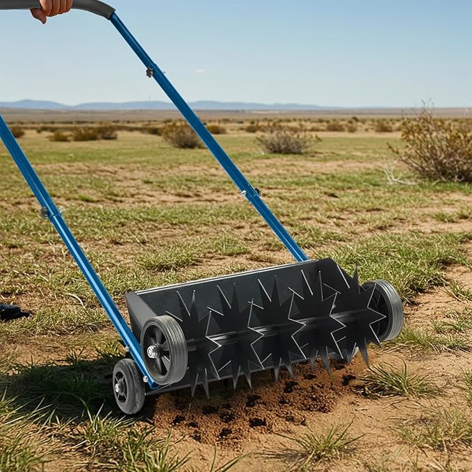 VINGLI Lawn Aerator, 19-Inch Heavy Duty Push Spike Aerator with 4 Wheels, Easy-to-Assemble, 45'' Push Rolling Aerator for Lawm, Yard and Garden(Blue)