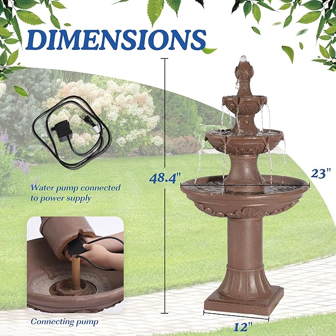 Italian Outdoor Water Fountains Garden Decor - 48.4''H Fountains and Waterfalls Outside, Large Cascading Indoor Floor-Standing Resin Bubbler Fountain Features W/Pump for Patio, Yard (Brown)