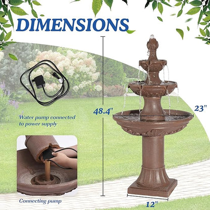 Italian Outdoor Water Fountains Garden Decor - 48.4''H Fountains and Waterfalls Outside, Large Cascading Indoor Floor-Standing Resin Bubbler Fountain Features W/Pump for Patio, Yard (Brown)