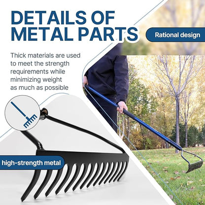 WIKER 14 Tine Metal Garden Rake 57 Inch Heavy Duty Lawn and Soil Leveling Rake with Fiberglass Handle Anti Rust Coating for Gardening Mulch Gravel and Leaf Cleanup