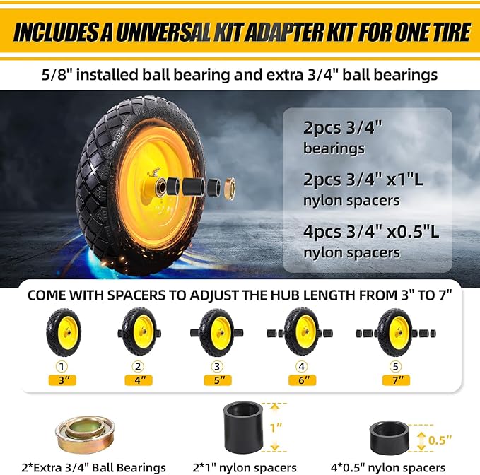 MZREXN 4.80/4.00-8" Flat Free Tire and Wheel 15" Solid Wheelbarrow Tires 3.00-4.00/4.80-8" with 5/8" & 3/4" Bearings, 3" Centered Hub for Hand Truck Garden Trailers Utility Cart Yard Wagon 2PCS Yellow
