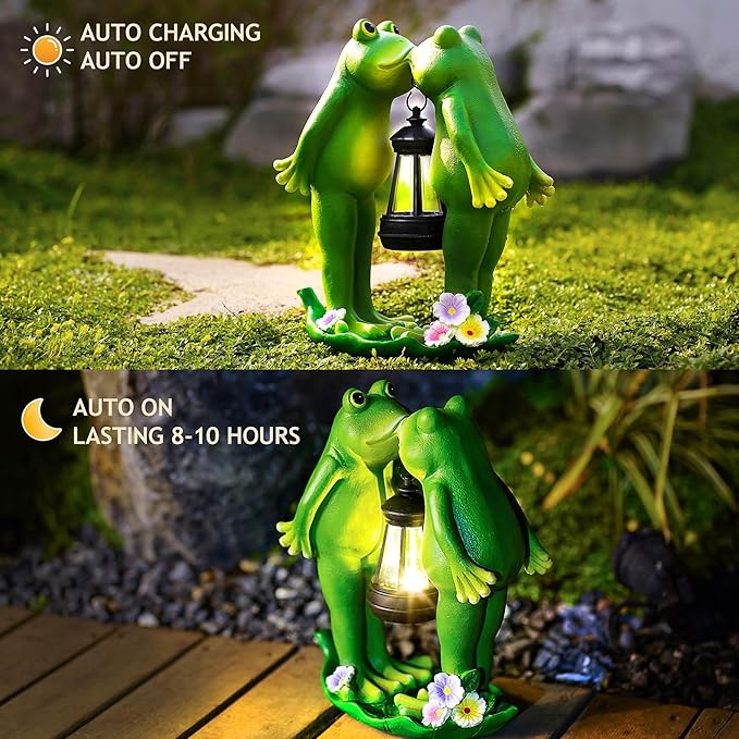 Solar Frogs Statue for Garden Decor Solar Lantern LED Outdoor Decoration Figurines for Porch Patio,Yard,Lawn - Frog Gifts for Women Mom Grandma Wife (Kiss Frog)