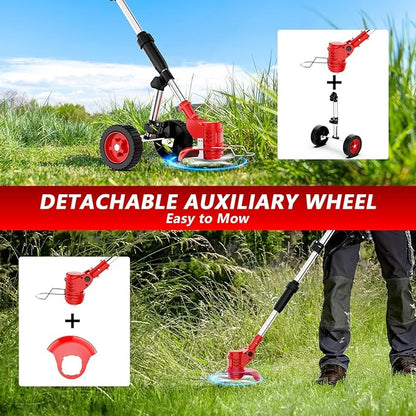 Electric Weed Wacker Cordless with Wheels,21V 2×2000mAh Weed Eater Battery Powered, 6-inch Cordless String Trimmer with 3 Types of Blades, Electric Grass Trimmer,Lawn Edger, Mower for Yard,Garden