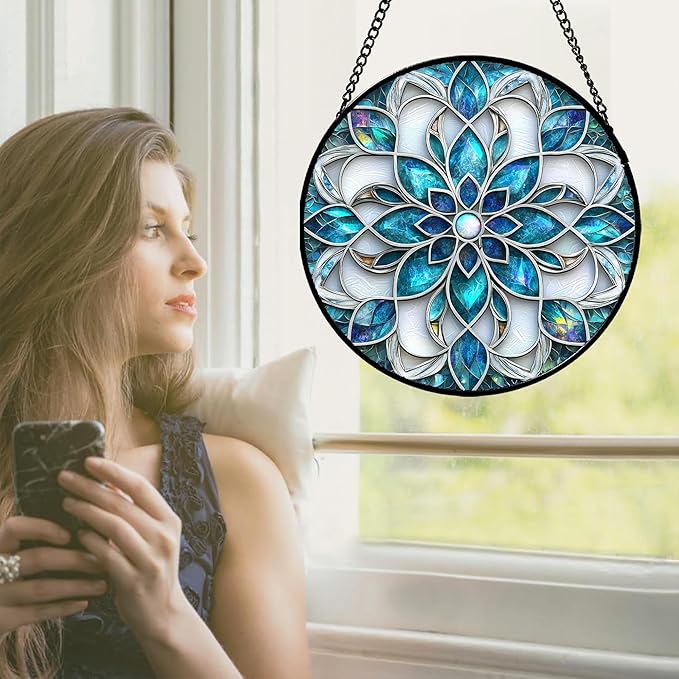 Stained Glass Window Hanging - Blue White Abstract Flowers Suncatcher for Door Terrace Garden Home Decor Boho Sun Catcher Birthday Gifts for Lovers Women Men Dad Mom Nana 11.8 in