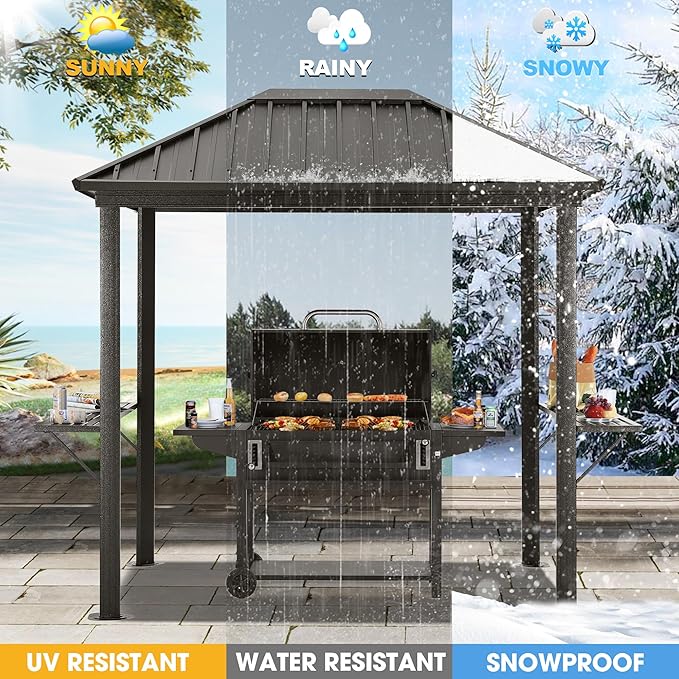 ABCCANOPY 6x8 Grill Hardtop Gazebo - Outdoor Permanent Barbecue Gazebo with Galvanized Steel Roof, Aluminum BBQ Canopy with Shelves for Patio, Lawn, Garden (Single Roof, Gray)