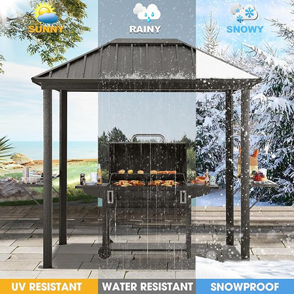 ABCCANOPY 6x8 Grill Hardtop Gazebo - Outdoor Permanent Barbecue Gazebo with Galvanized Steel Roof, Aluminum BBQ Canopy with Shelves for Patio, Lawn, Garden (Single Roof, Gray)