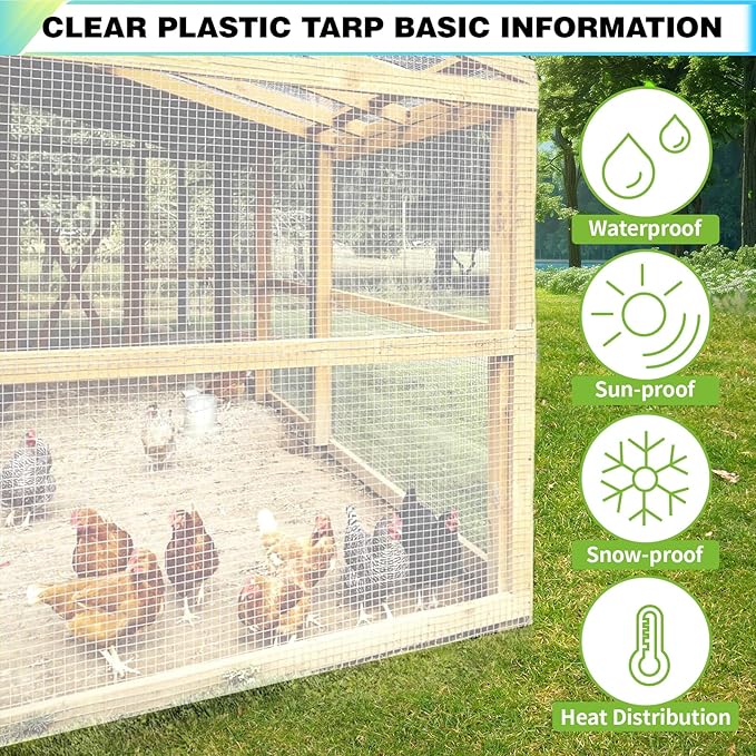 8Ftx10Ft Clear Greenhouse Plastic Covering, 16Mil Thickness Heavy Duty Clear tarp for Chicken coop, Greenhouse Plastic sheeting with Hemmed Edges & preinstalled Grommets.