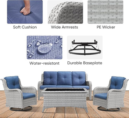 Patio Furniture 4 Piece, All-Weather PE Wicker Outdoor Furniture Set with Coffee Table,Outdoor Patio Furniture with Swivel Rocker Chairs and Outdoor Sofa