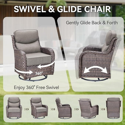 HUMMUH Outdoor Patio Wicker Swivel Rocker Chairs with 6-Inch Thick Cushion High Back 3 PCS Wicker Conversation Set for Porch Balcony Deck