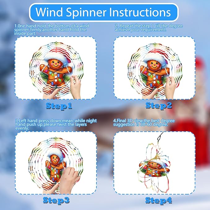 3D Gingerbread Wind Spinner 10 Inch Kinetic Wind Spinners Hanging Stainless Steel Holiday Ornament for Festive Home and Garden Christmas Decor