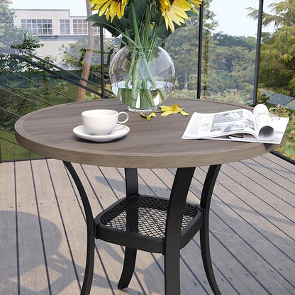 VICLLAX 27.5" Outdoor Round Patio Table for Lawn Garden, All Weather Metal Round Patio Dining Table with Storage Shelf, 2 Person Small Patio Table, Grey Wood-Like Tabletop
