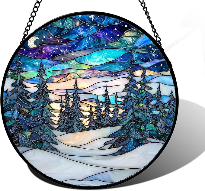 Stained Glass Window Hanging, Starry Sky Trees and Snow Sun Catchers Glass Panel Blue Suncatcher Decor for Birthday for Women, Men, Wife, Aunt, and Mom 9.8 in