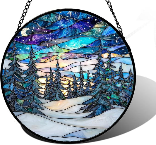 Stained Glass Window Hanging, Starry Sky Trees and Snow Sun Catchers Glass Panel Blue Suncatcher Decor for Birthday for Women, Men, Wife, Aunt, and Mom 6.3 in